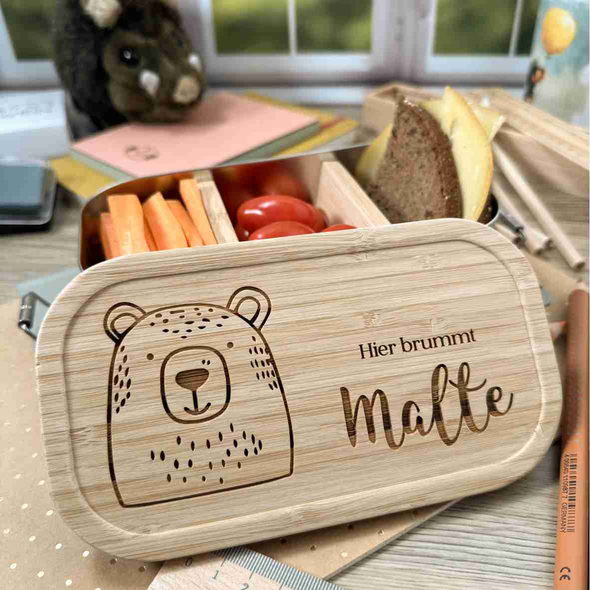 Personalisierte Brotdose mit Bär und Namensgravur