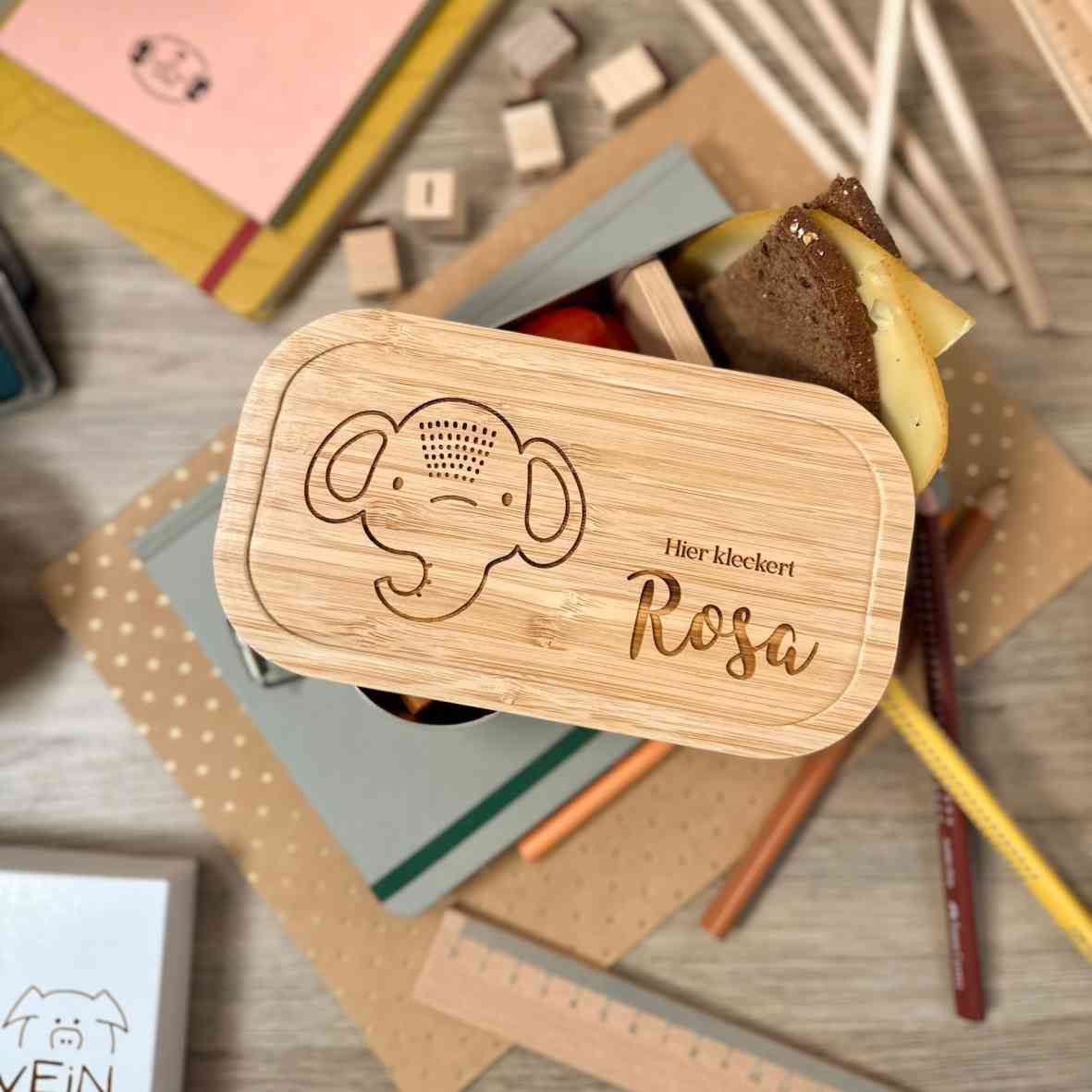Personalisierte Brotdose mit Elefant und Namensgravur