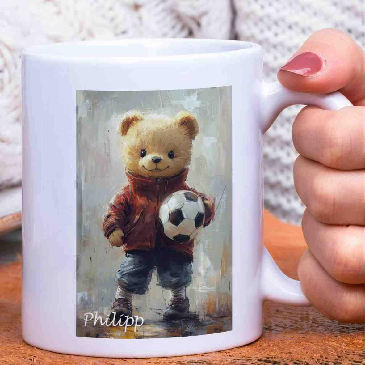 Personalisierte Tasse Teddybär Fußballspieler 1.