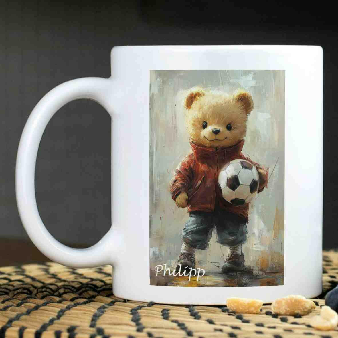Personalisierte Tasse Teddybär Fußballspieler 1.