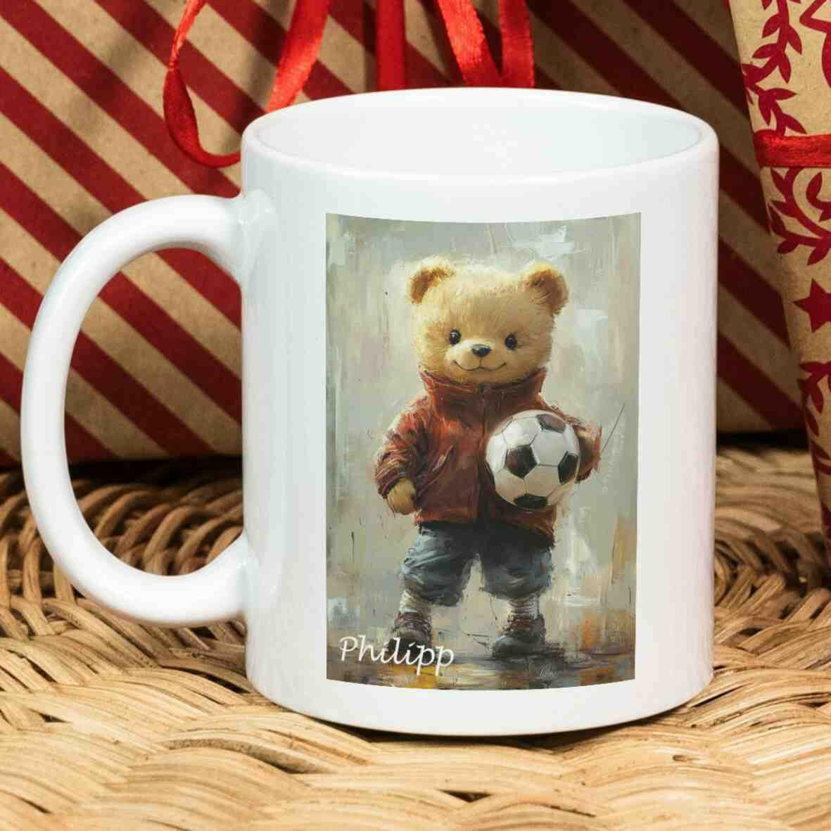 Personalisierte Tasse Teddybär Fußballspieler 1.
