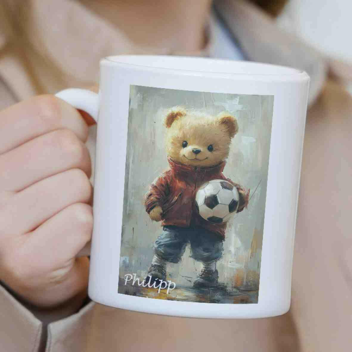 Personalisierte Tasse Teddybär Fußballspieler 1.