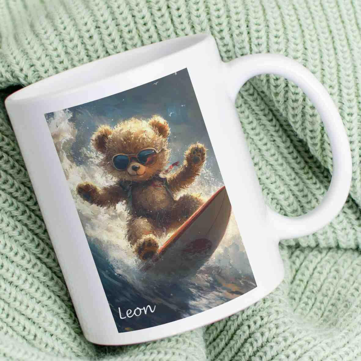 Personalisierte Tasse Teddybär Surfer.