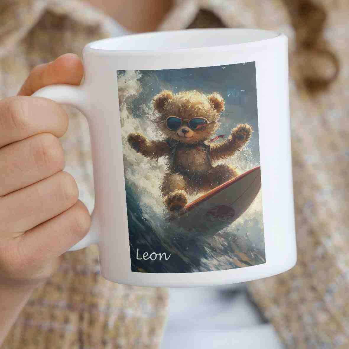 Personalisierte Tasse Teddybär Surfer.