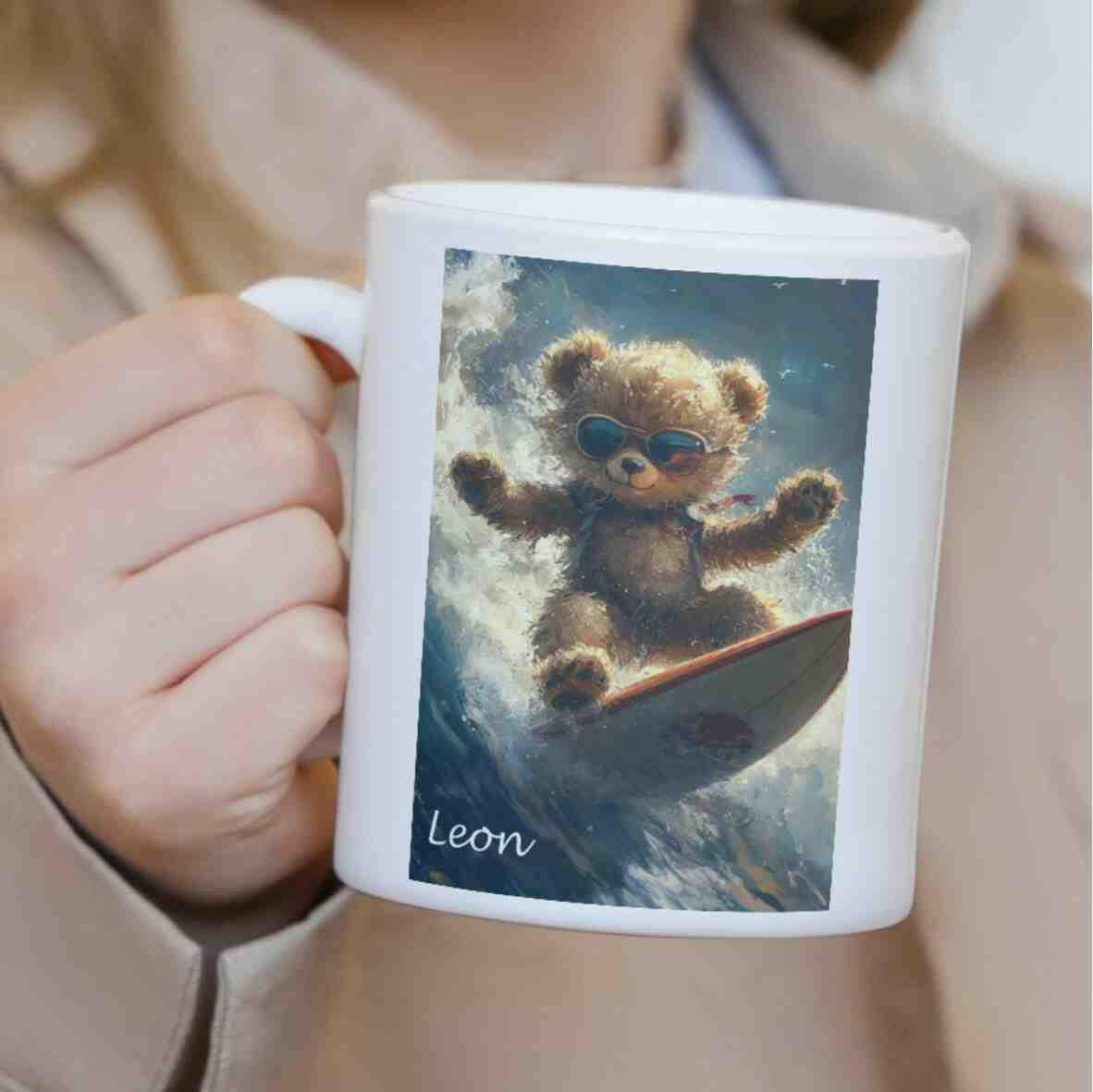 Personalisierte Tasse Teddybär Surfer.