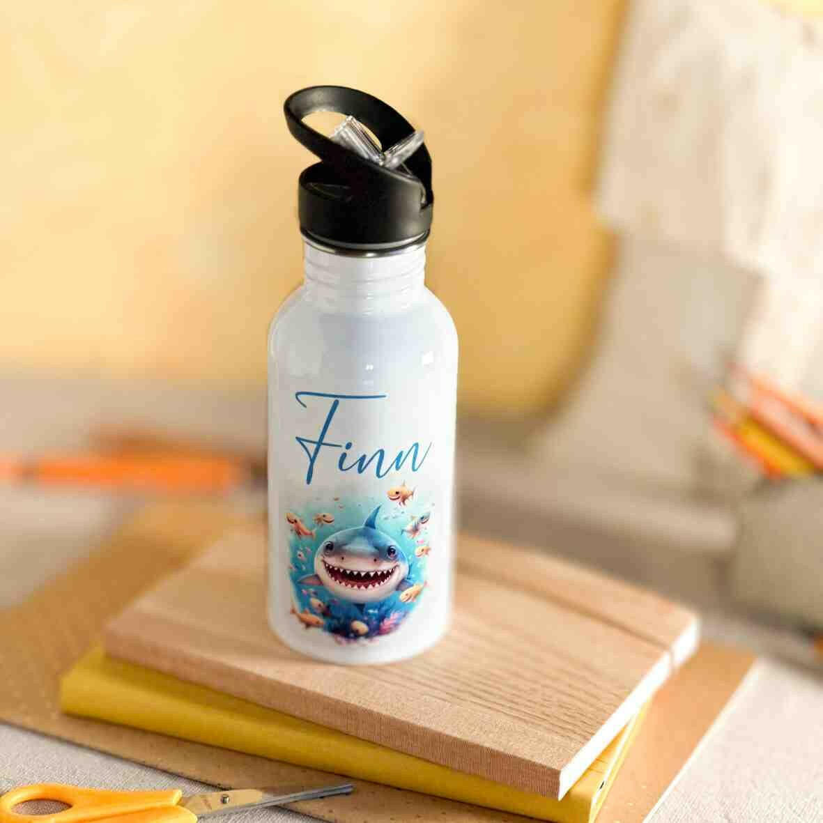 3D Trinkflasche 'Mein Name' – Hai-Design In Blau, Für Kinder, Aus Kunststoff