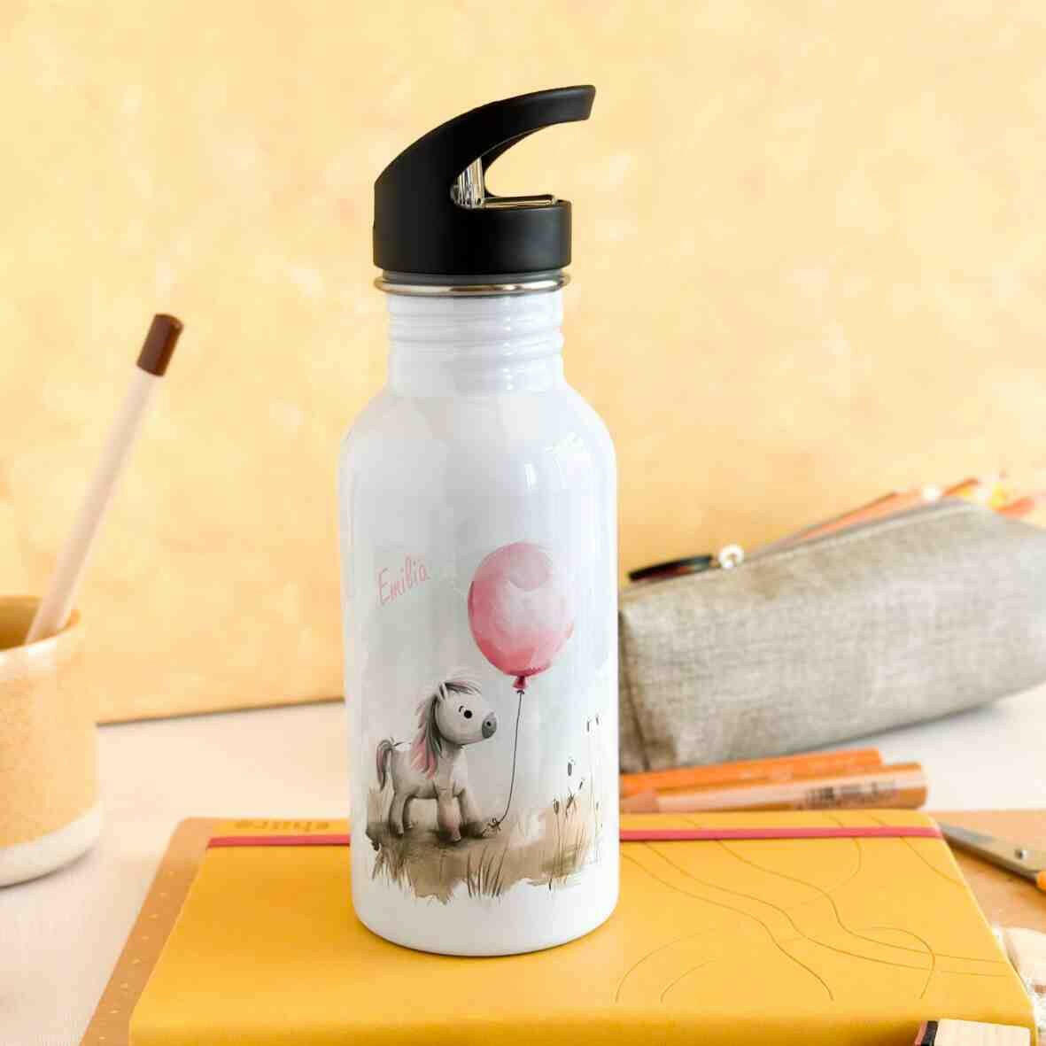 Edelstahl-Trinkflasche Pony rosa Ballon.