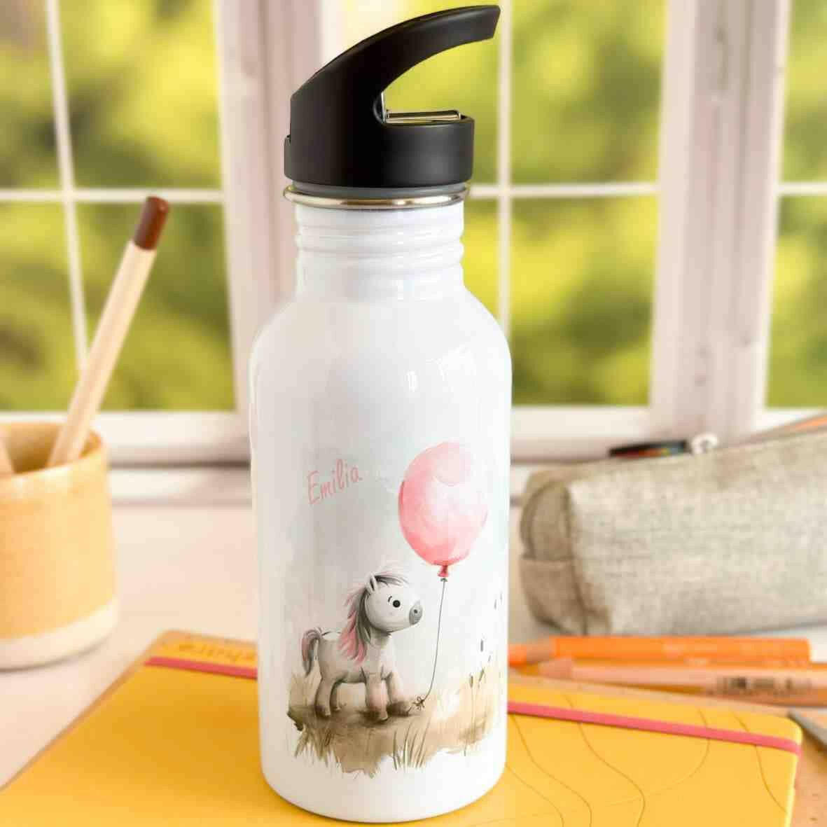 Edelstahl-Trinkflasche Pony rosa Ballon.