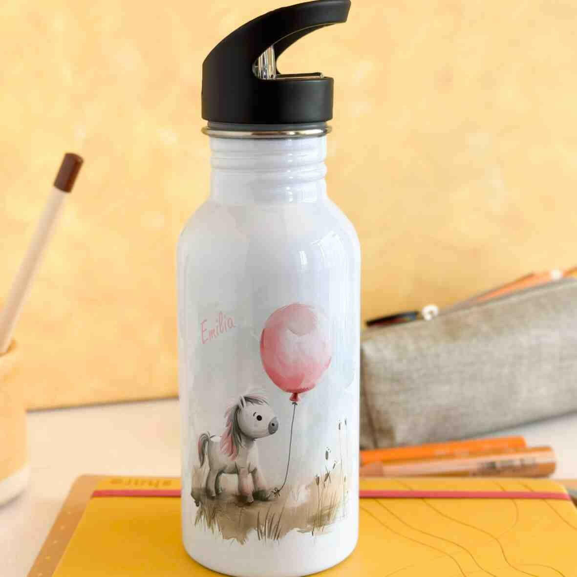 Edelstahl-Trinkflasche Pony rosa Ballon.