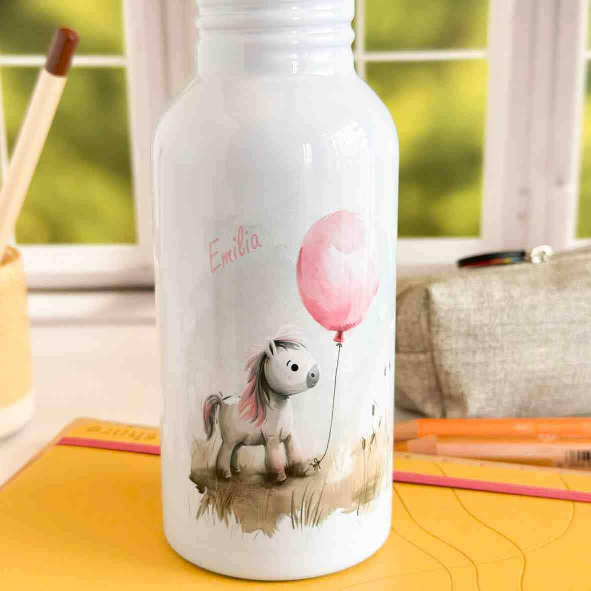 Edelstahl-Trinkflasche Pony rosa Ballon.