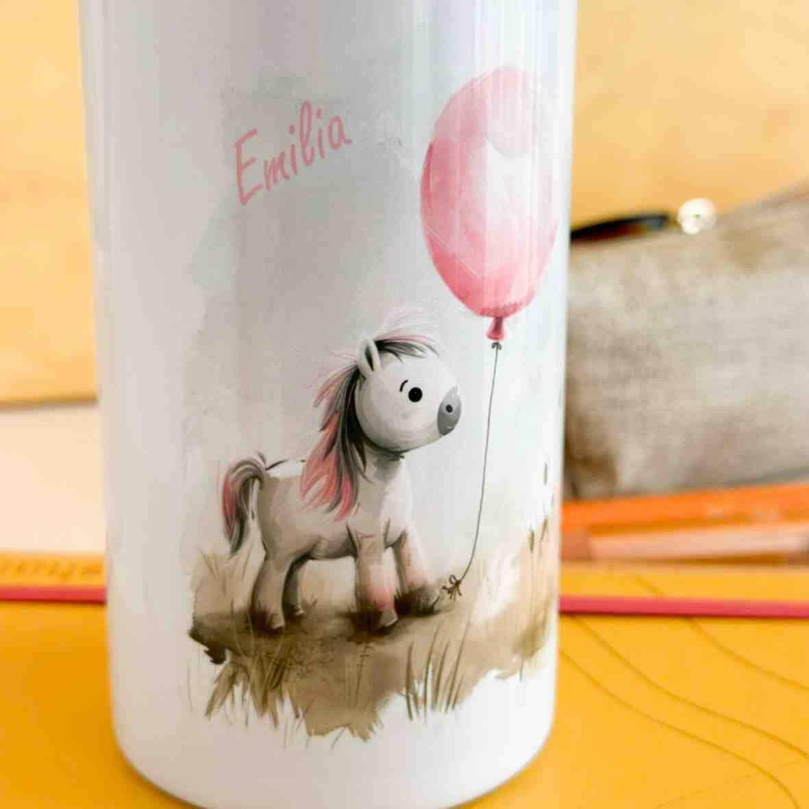 Edelstahl-Trinkflasche Pony rosa Ballon.