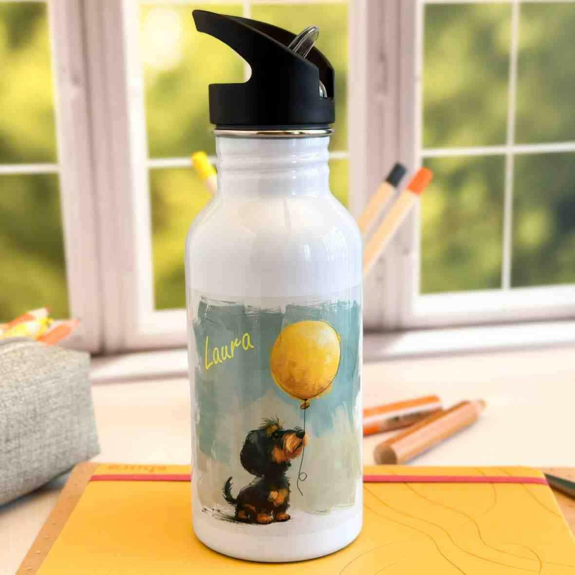 Edelstahl-Trinkflasche Rauhaardackel gelber Ballon.