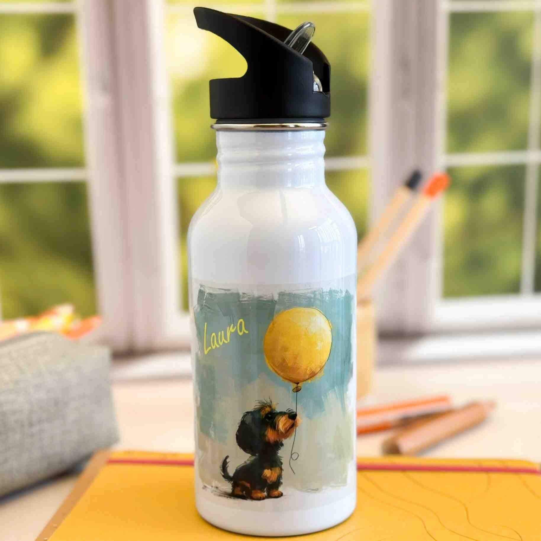 Edelstahl-Trinkflasche Rauhaardackel gelber Ballon.