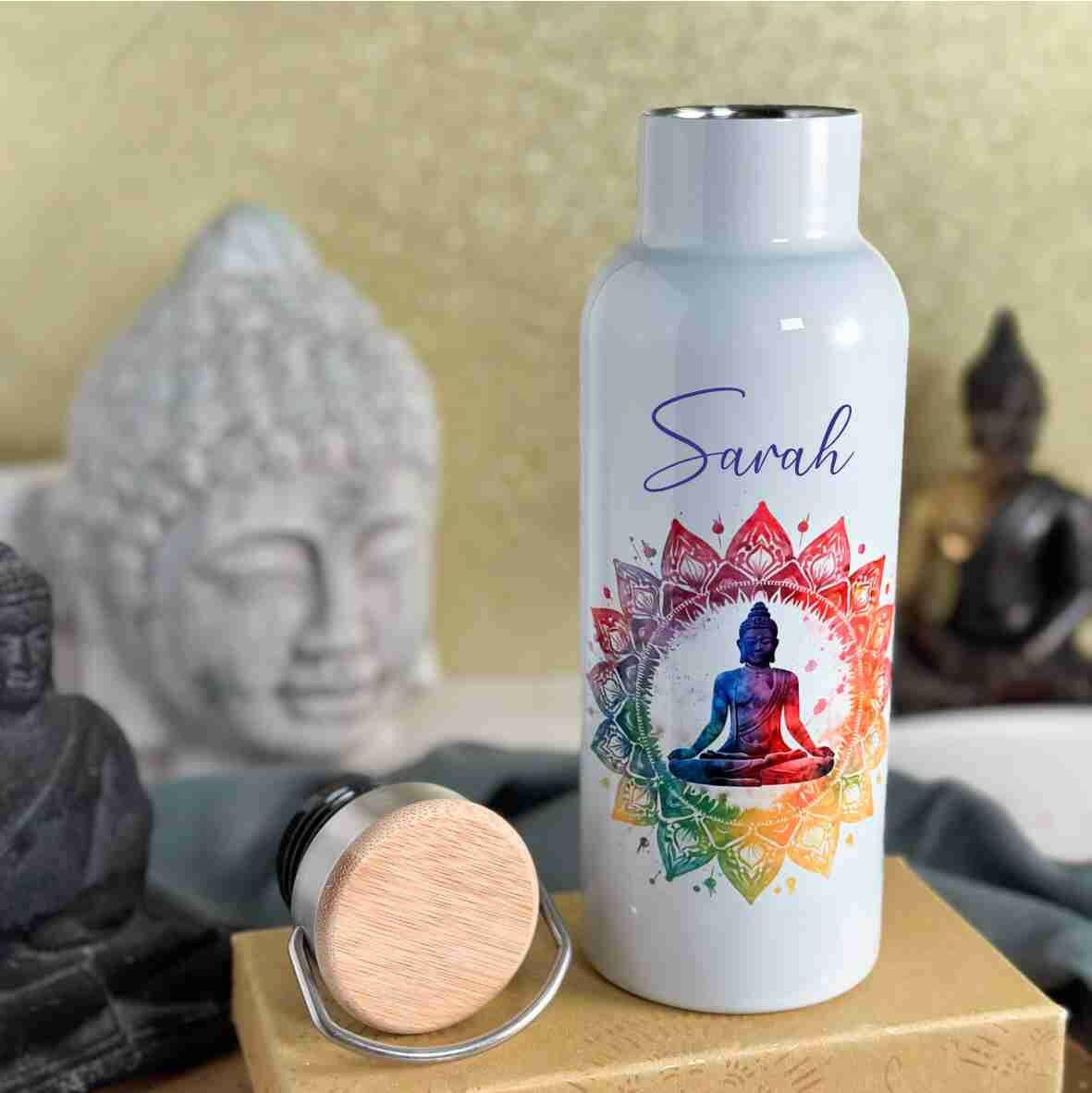 Thermoflasche weiß Buddha bunt.