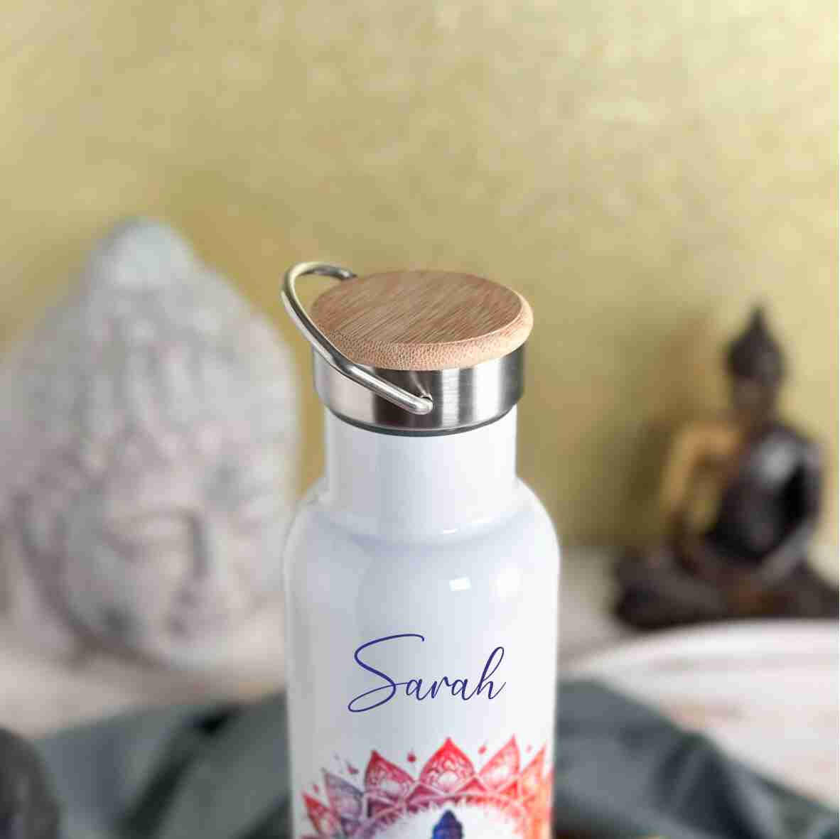 Thermoflasche weiß Buddha bunt.