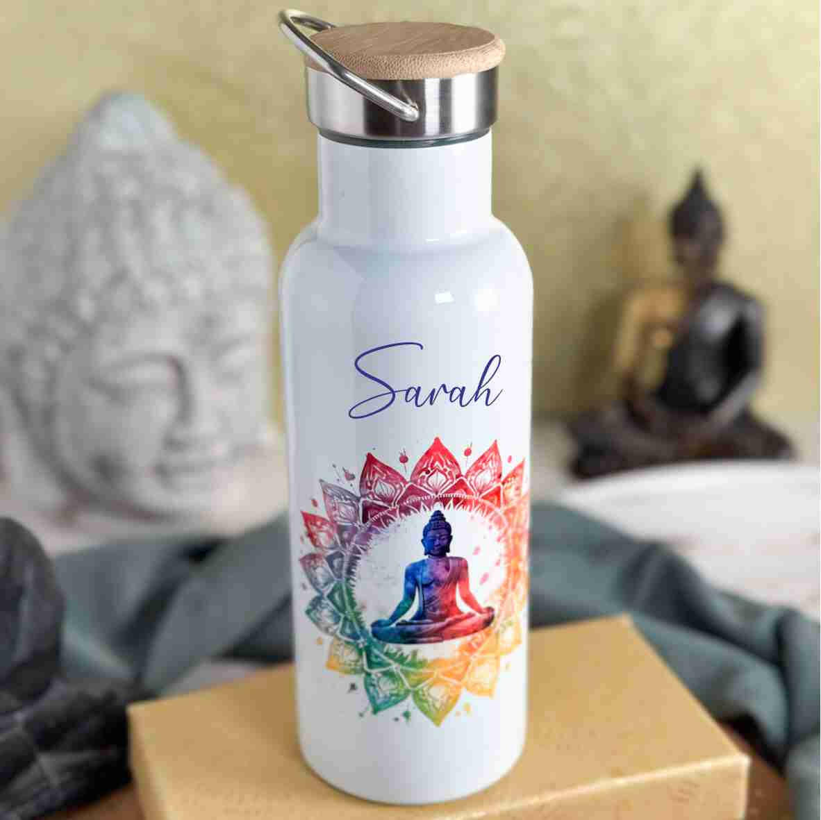 Thermoflasche weiß Buddha bunt.