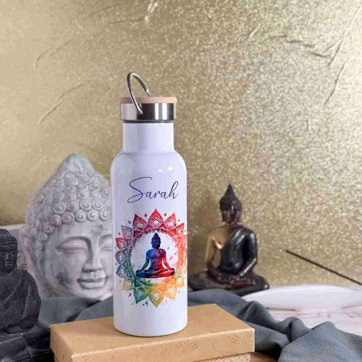 Thermoflasche weiß Buddha bunt.