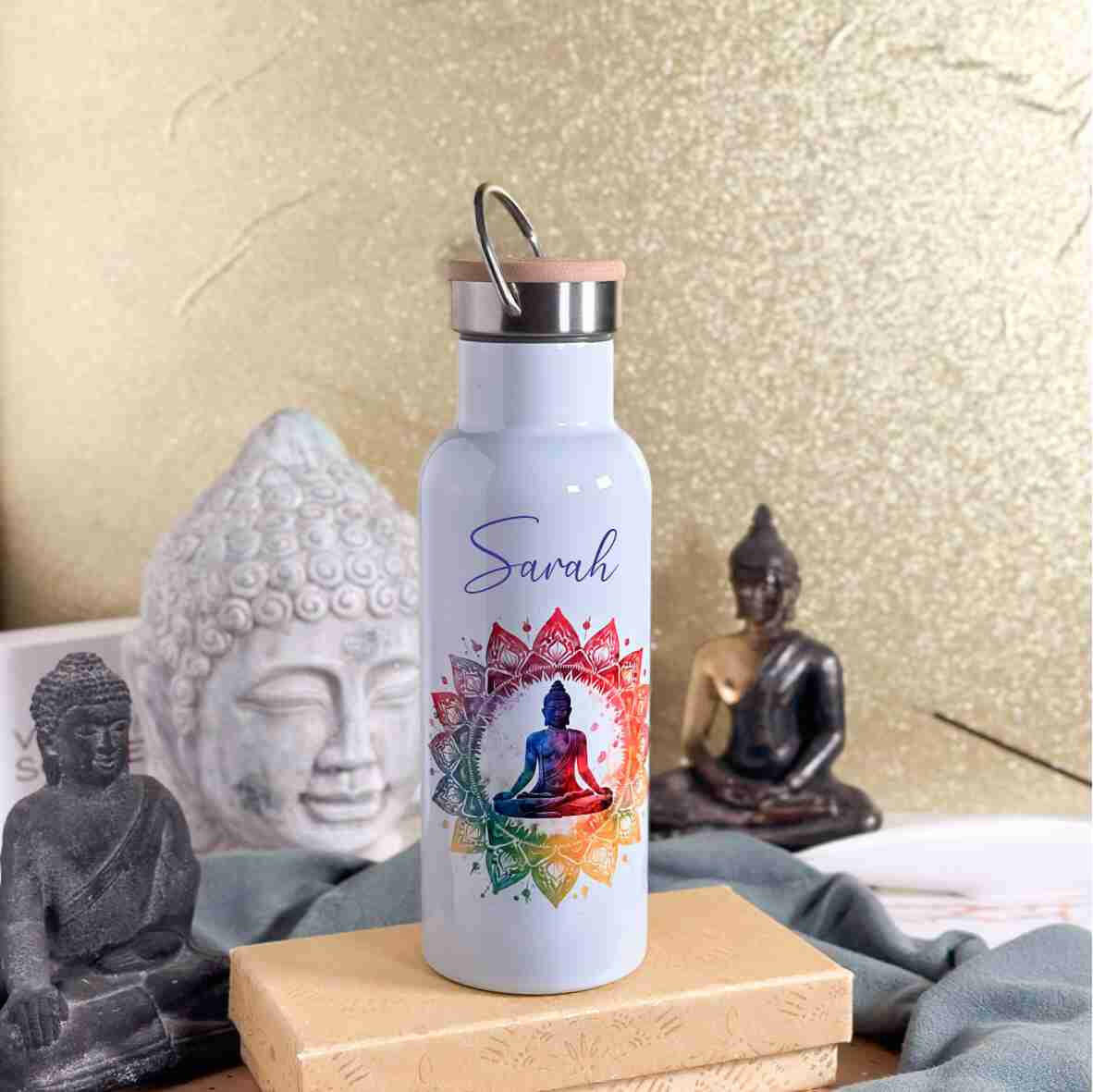 Thermoflasche weiß Buddha bunt.