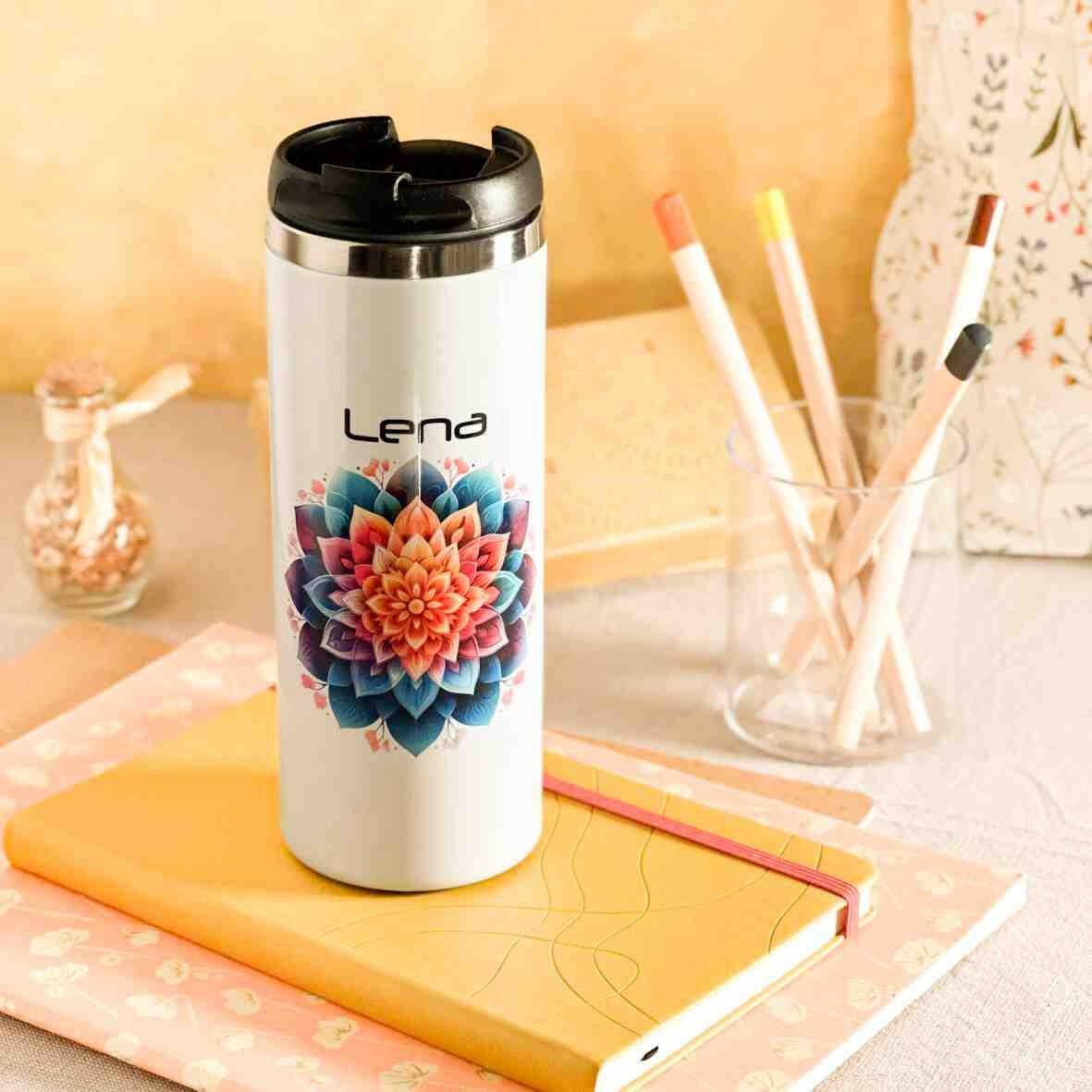 Thermobecher Namaste bunt.