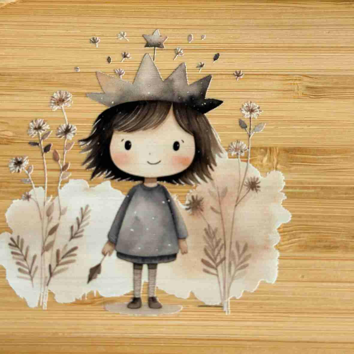 Personalisierte Brotdose Little Princess, farbig bedruckt - Edelstahl mit Bambusdeckel.