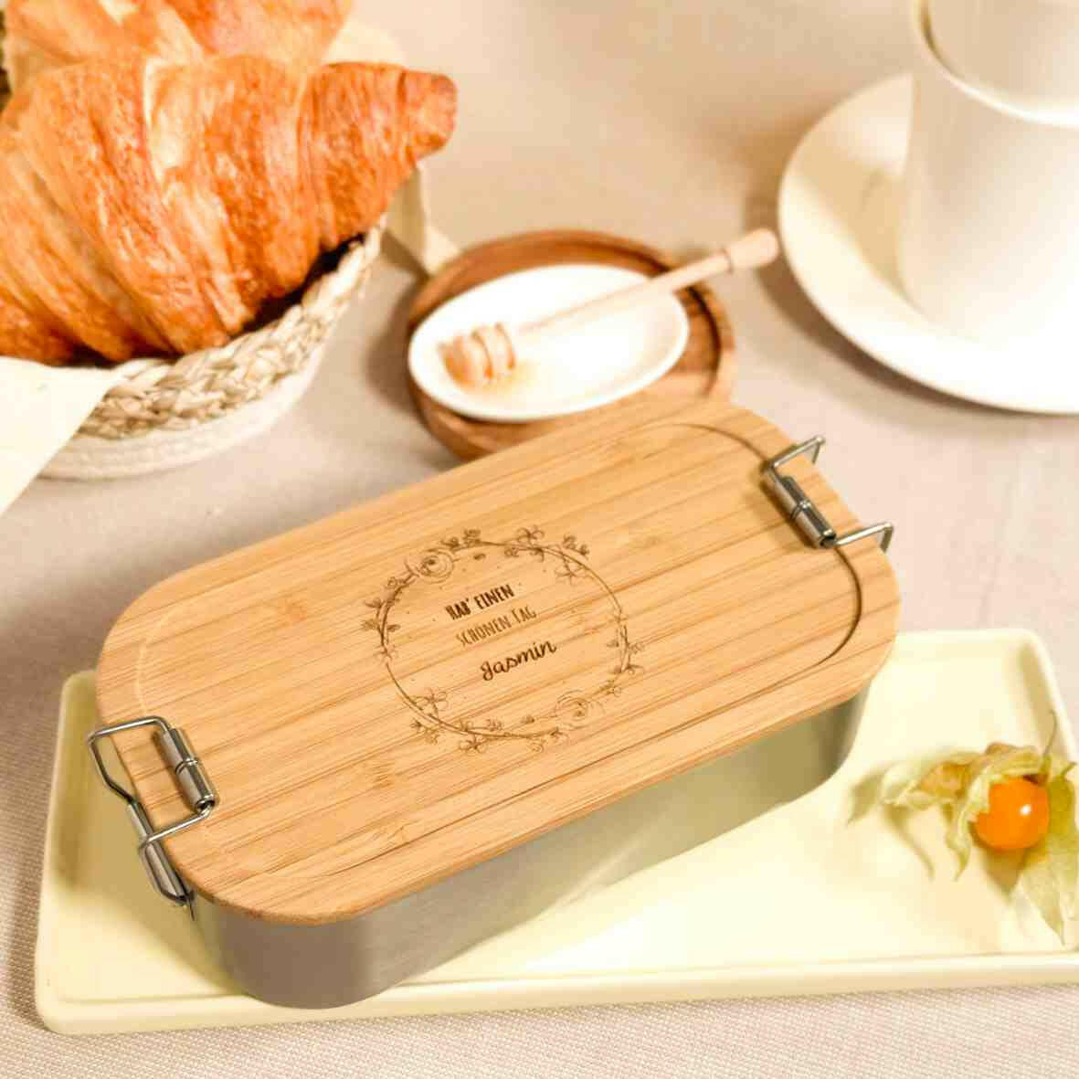 Personalisierte Brotdose Blumenranke - Edelstahl mit Bambusdeckel.