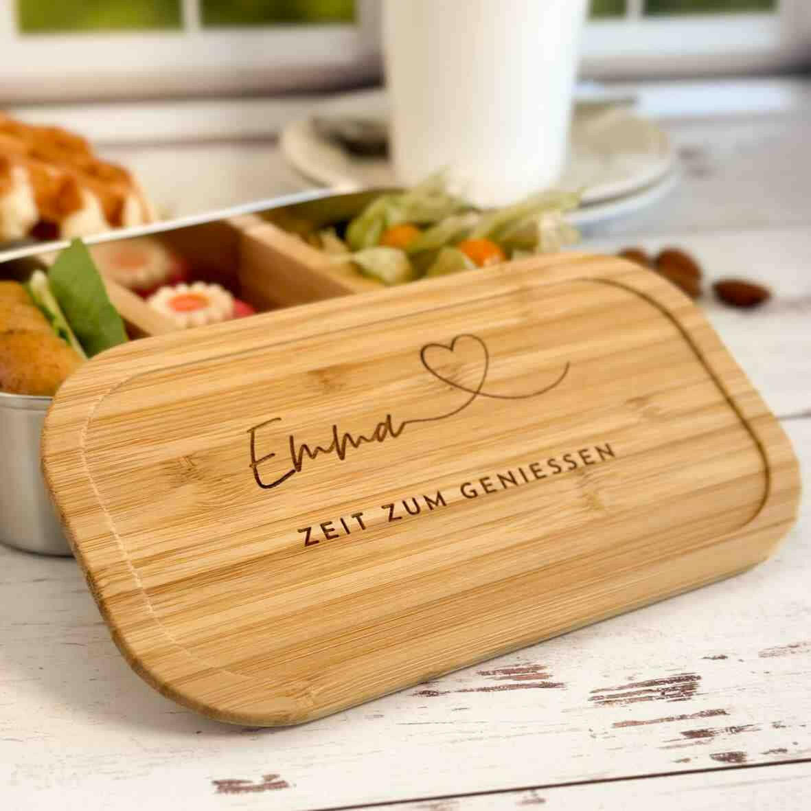 Personalisierte Brotdose - Edelstahl mit Name, Herz, Spruch.