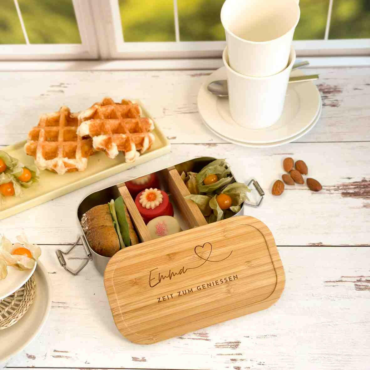 Personalisierte Brotdose - Edelstahl mit Name, Herz, Spruch.