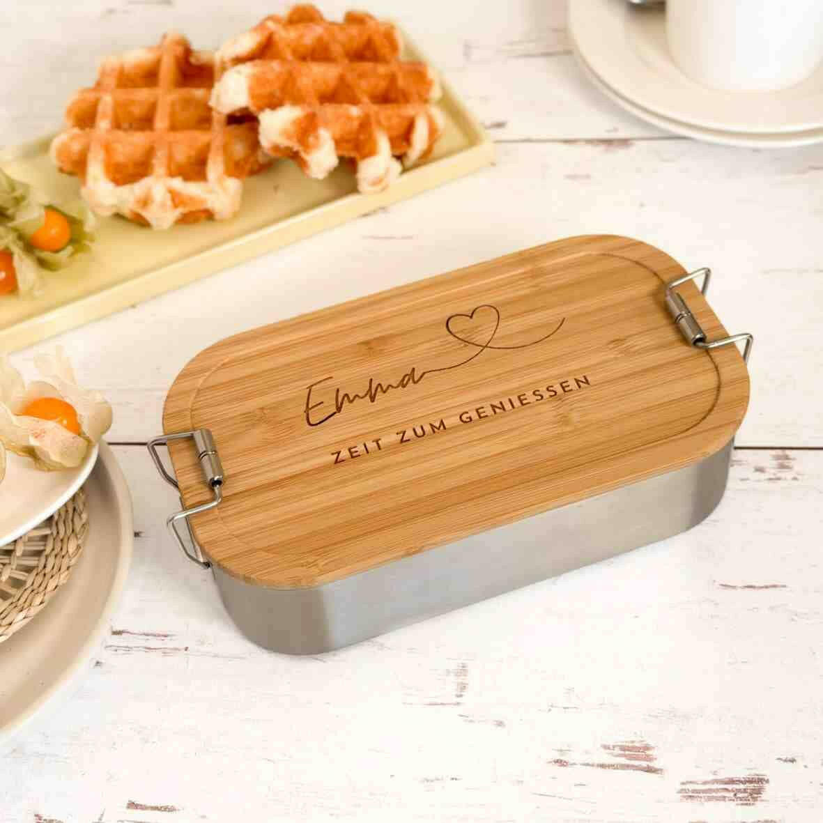 Personalisierte Brotdose - Edelstahl mit Name, Herz, Spruch.