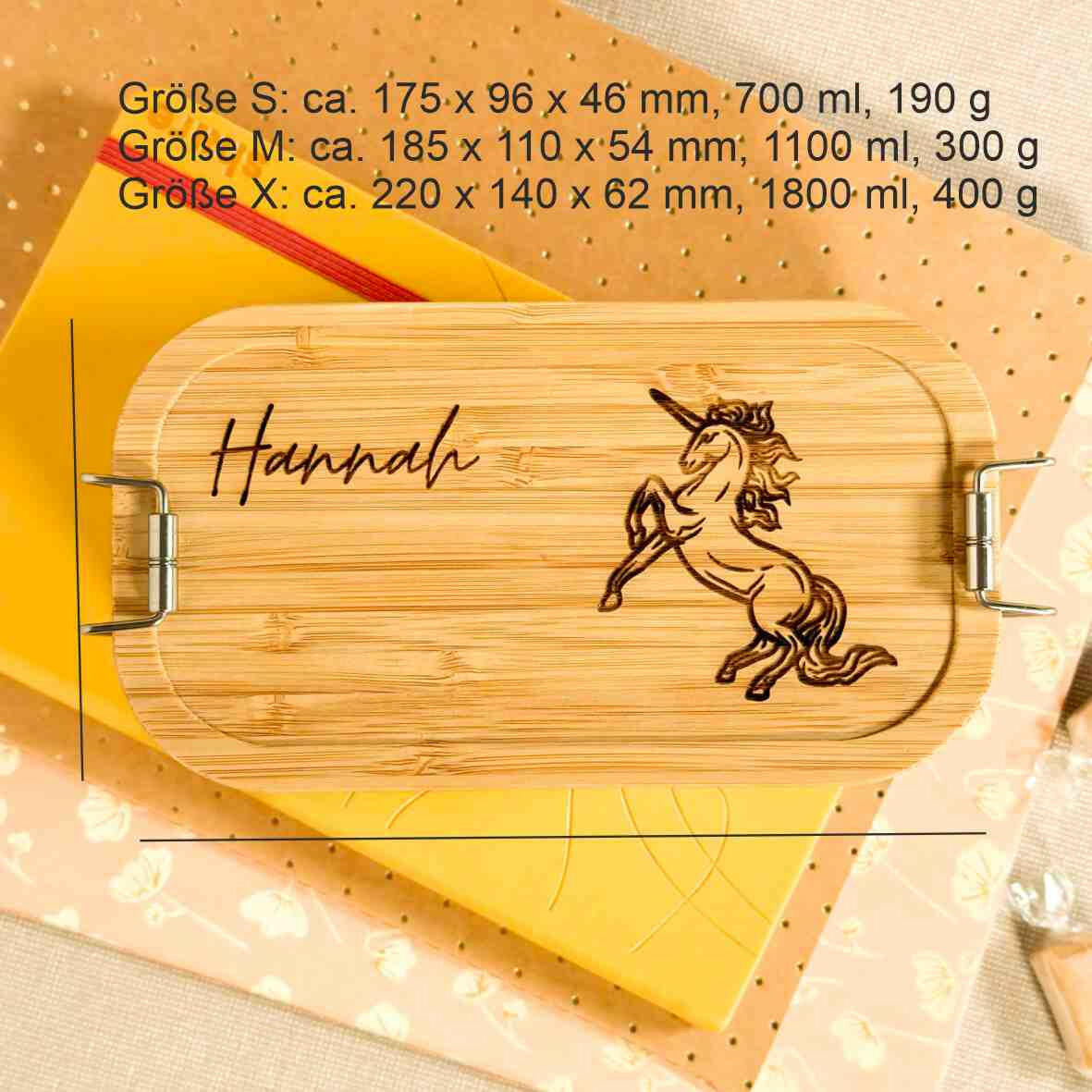 Personalisierte Brotdose Einhorn - Edelstahl mit Bambusdeckel.