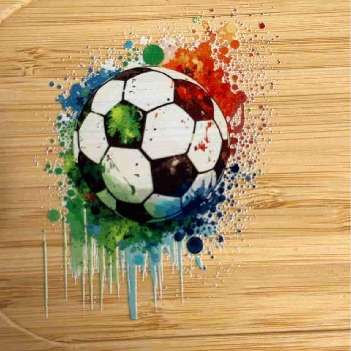 Personalisierte Brotdose Fußball 1, farbig bedruckt - Edelstahl mit Bambusdeckel.