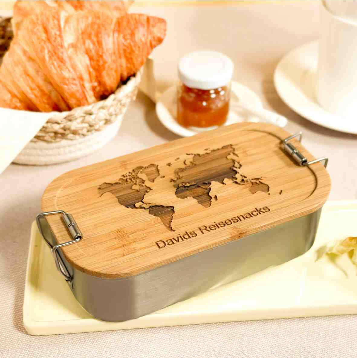 brotdose bambus personalisiert Personalisierte Brotdose Weltkarte: Edelstahl, Bambusdeckel