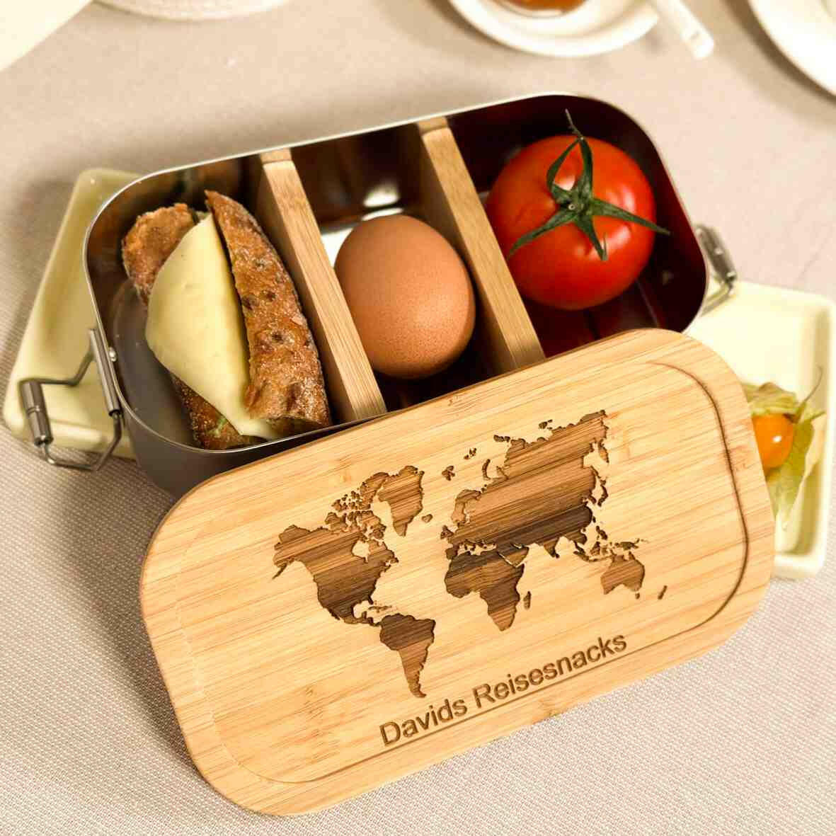 Personalisierte Brotdose Weltkarte - Edelstahl mit Bambusdeckel.