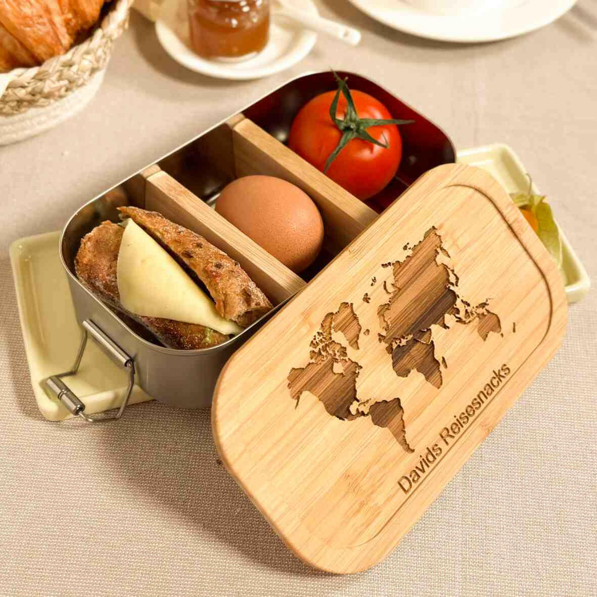 Personalisierte Brotdose Weltkarte - Edelstahl mit Bambusdeckel.