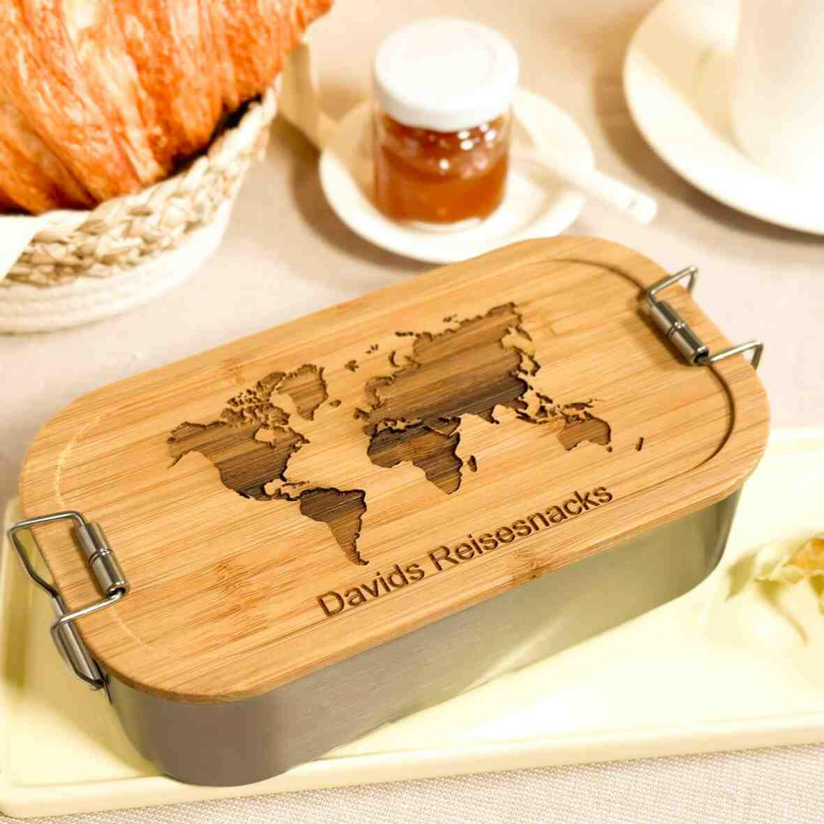 Personalisierte Brotdose Weltkarte - Edelstahl mit Bambusdeckel.