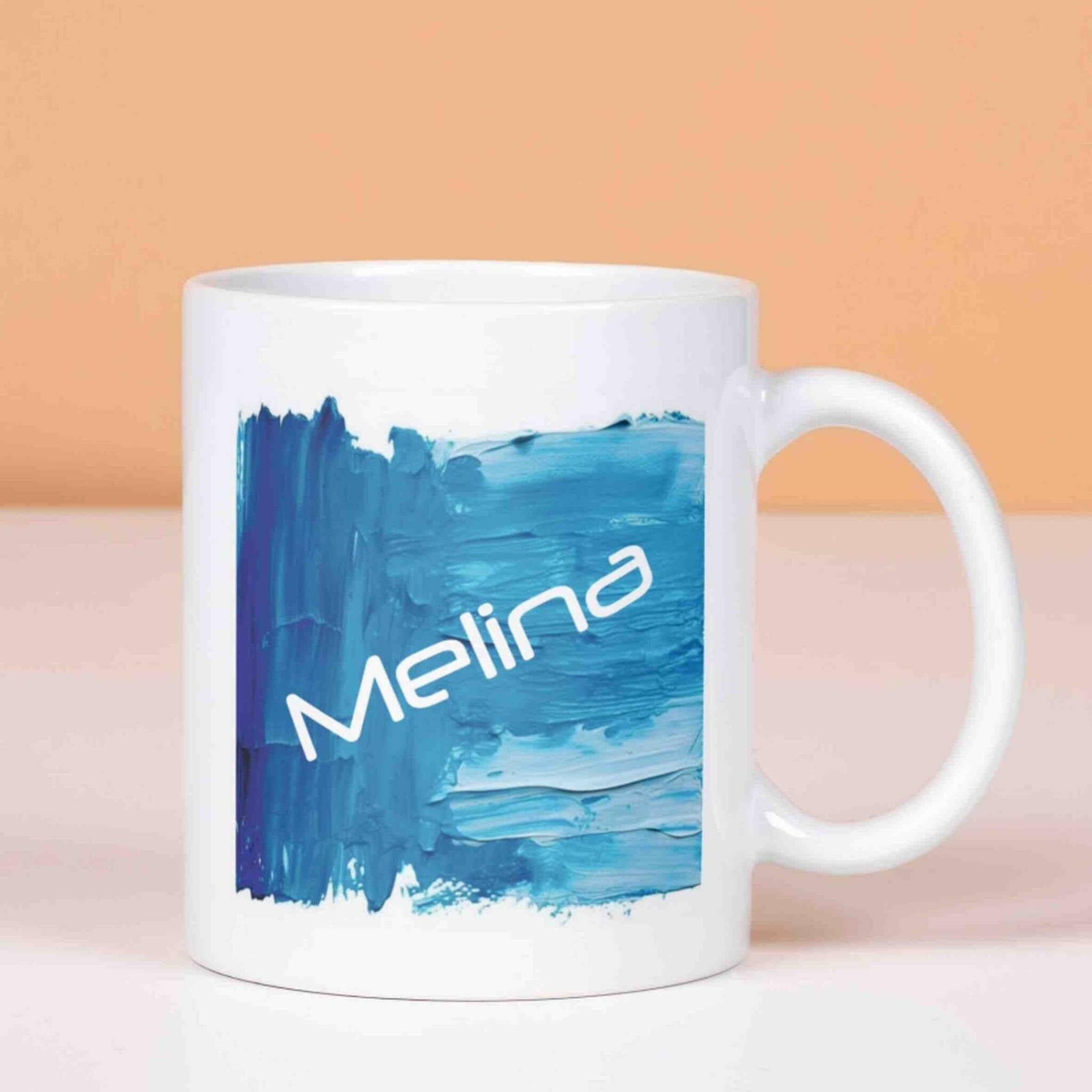 Personalisierte Tasse Acryl-Grafik blau.