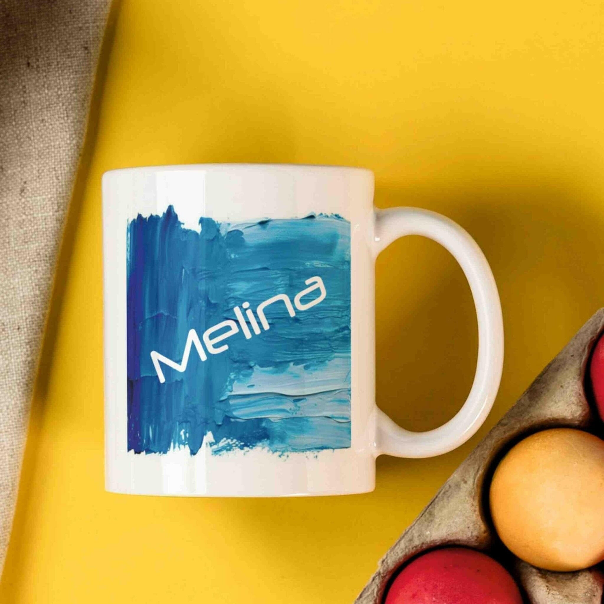 Personalisierte Tasse Acryl-Grafik blau.