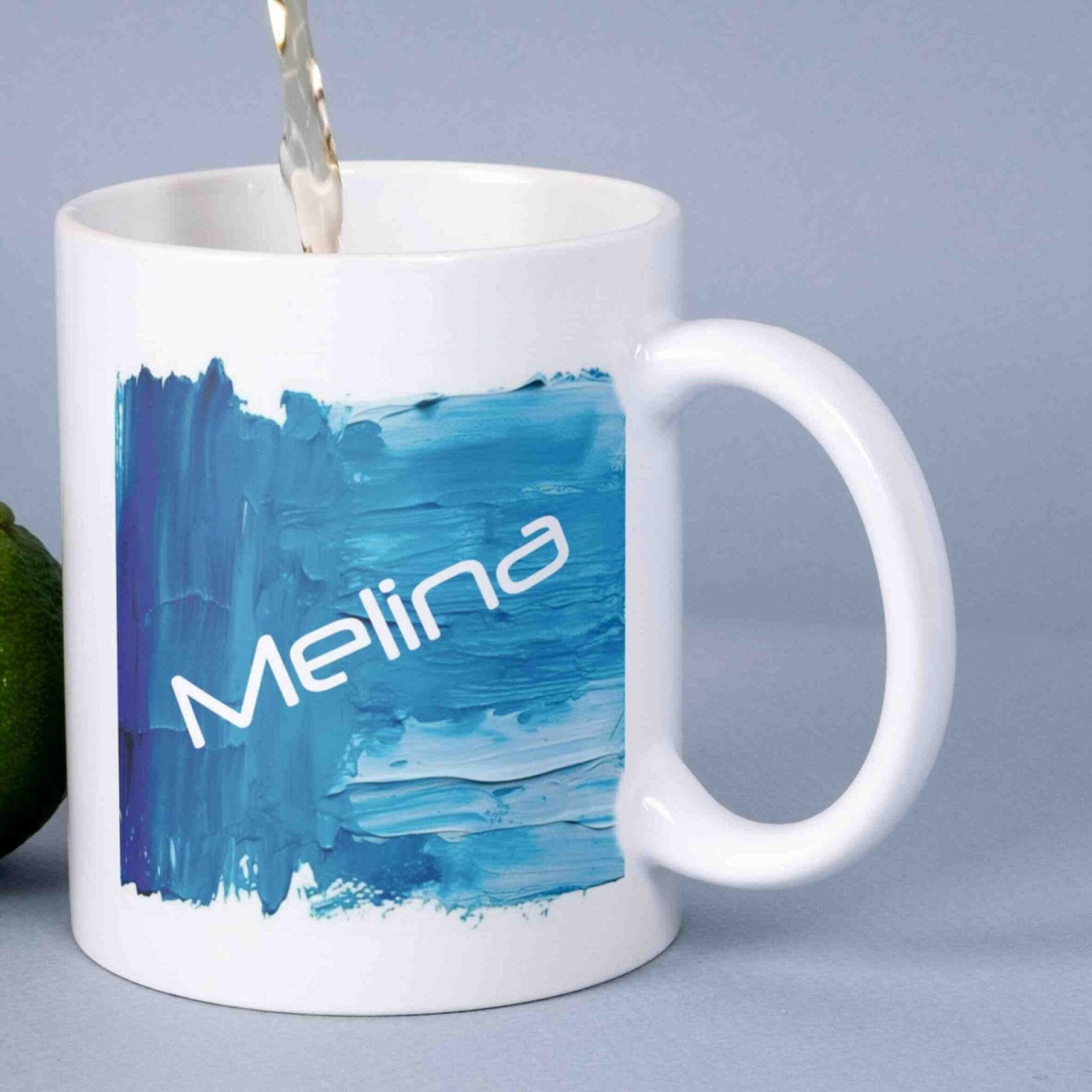 Personalisierte Tasse Acryl-Grafik blau.
