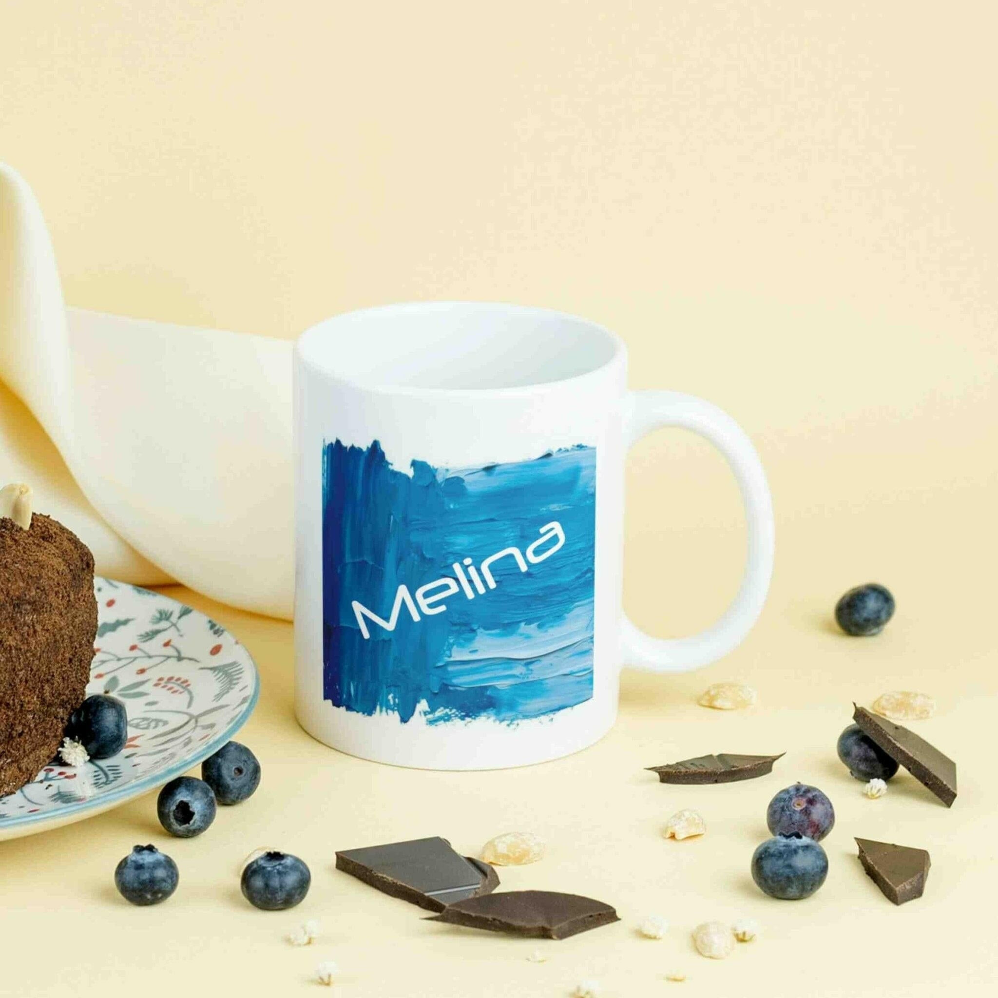 Personalisierte Tasse Acryl-Grafik blau.