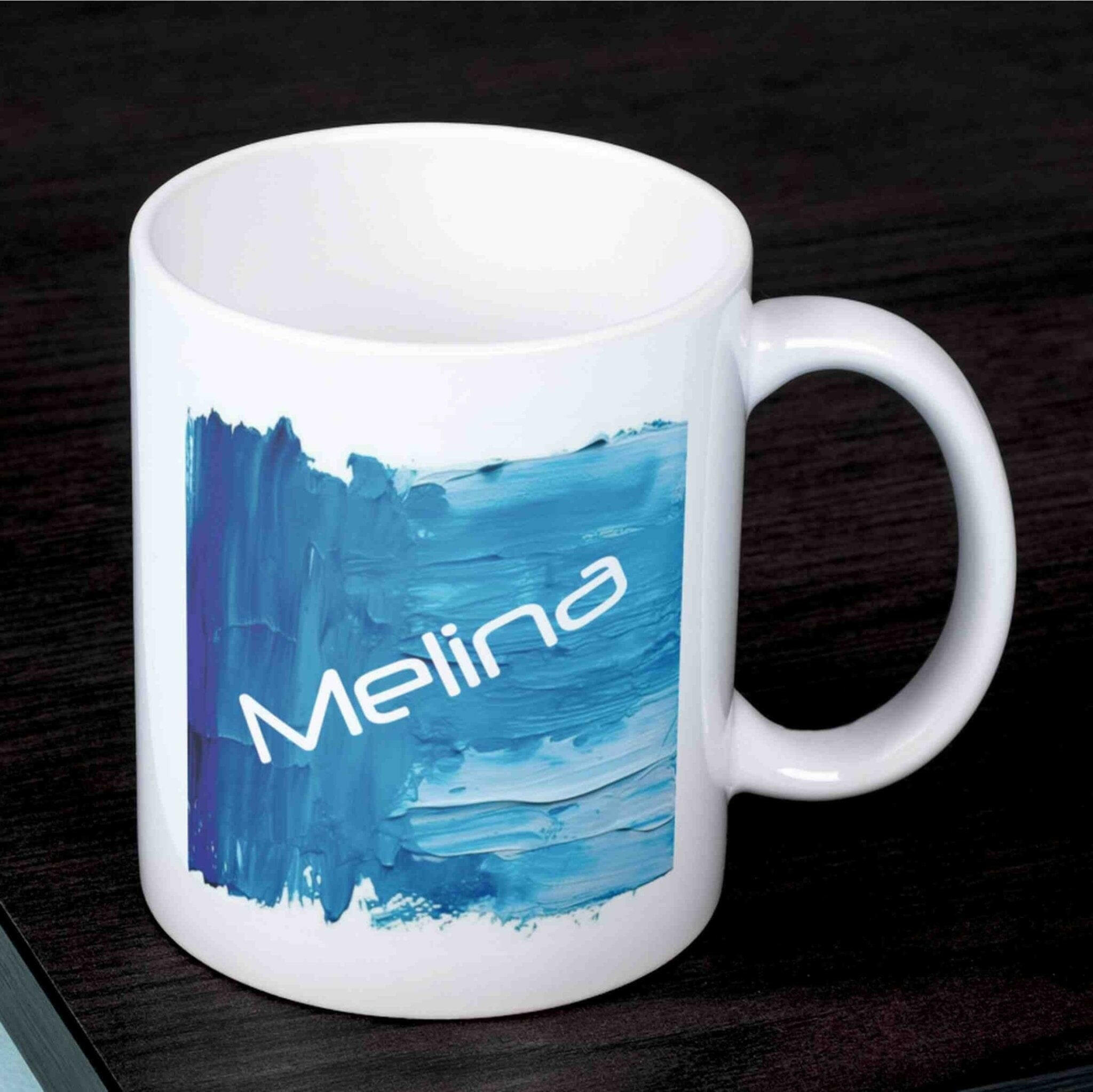 Personalisierte Tasse Acryl-Grafik blau.
