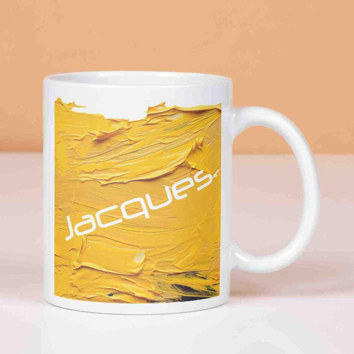 Personalisierte Tasse Acryl-Grafik gelb.