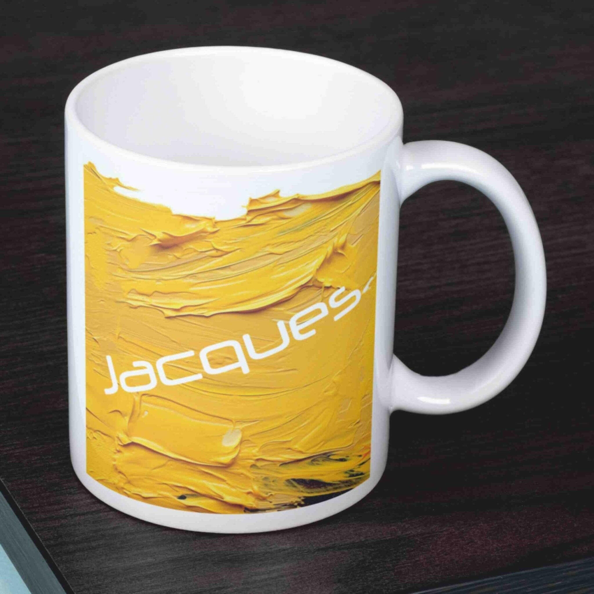 Personalisierte Tasse Acryl-Grafik gelb.