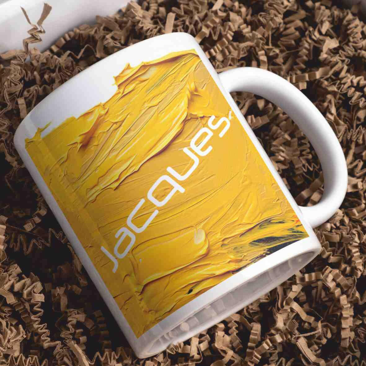 Personalisierte Tasse Acryl-Grafik gelb.