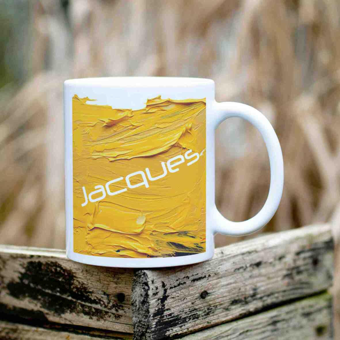 Personalisierte Tasse Acryl-Grafik gelb.