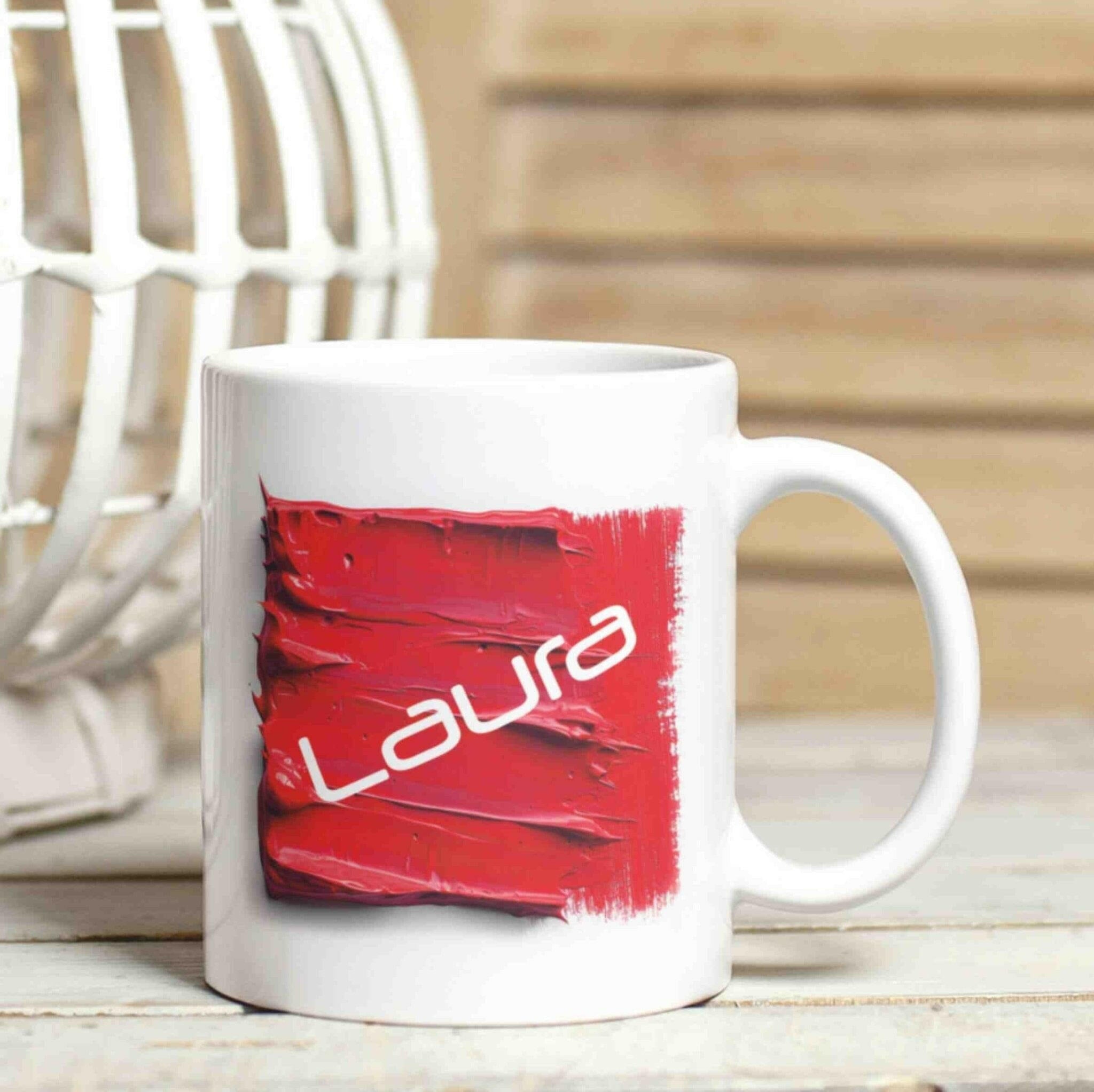 Personalisierte Tasse Acryl-Grafik rot.