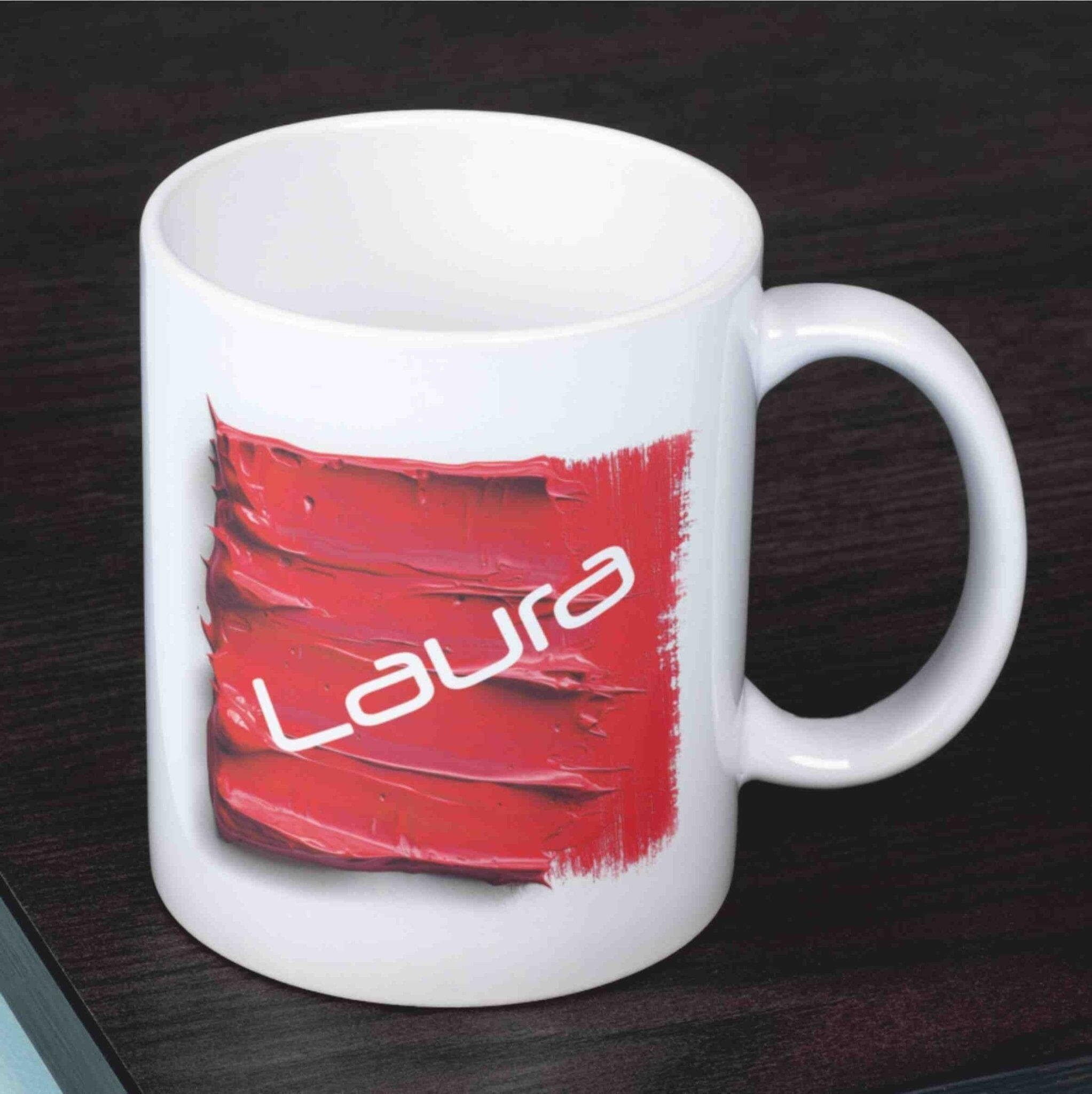 Personalisierte Tasse Acryl-Grafik rot.