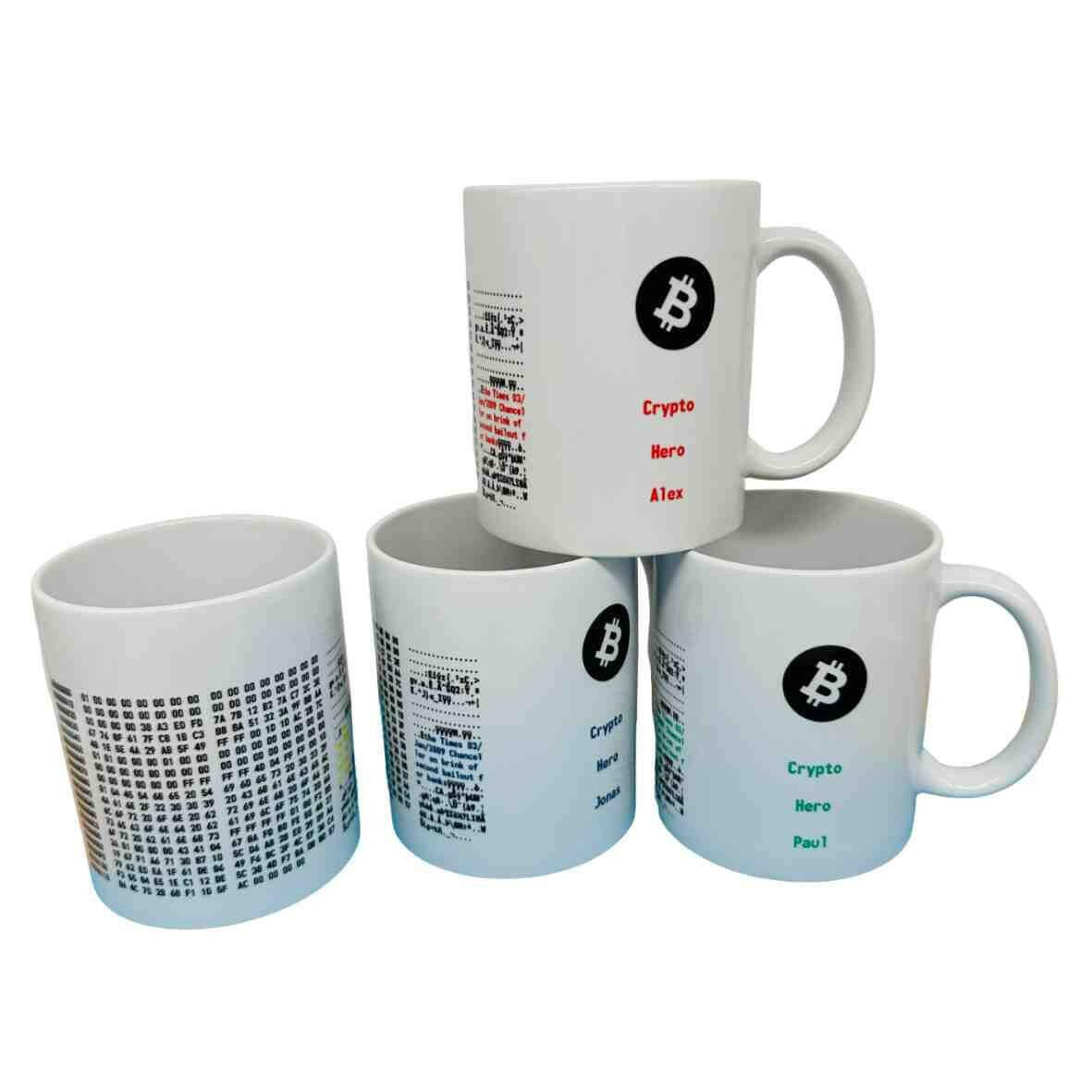 Personalisierte Tasse Bitcoin Genesis Block - verschiedene Farben.