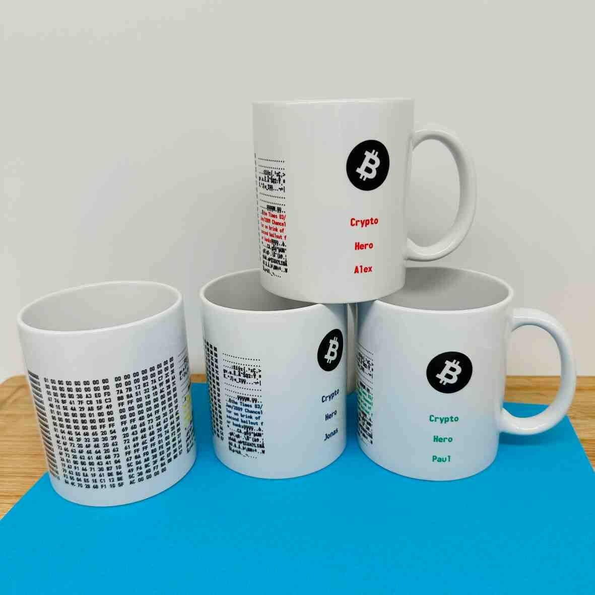 Personalisierte Tasse Bitcoin Genesis Block - verschiedene Farben.