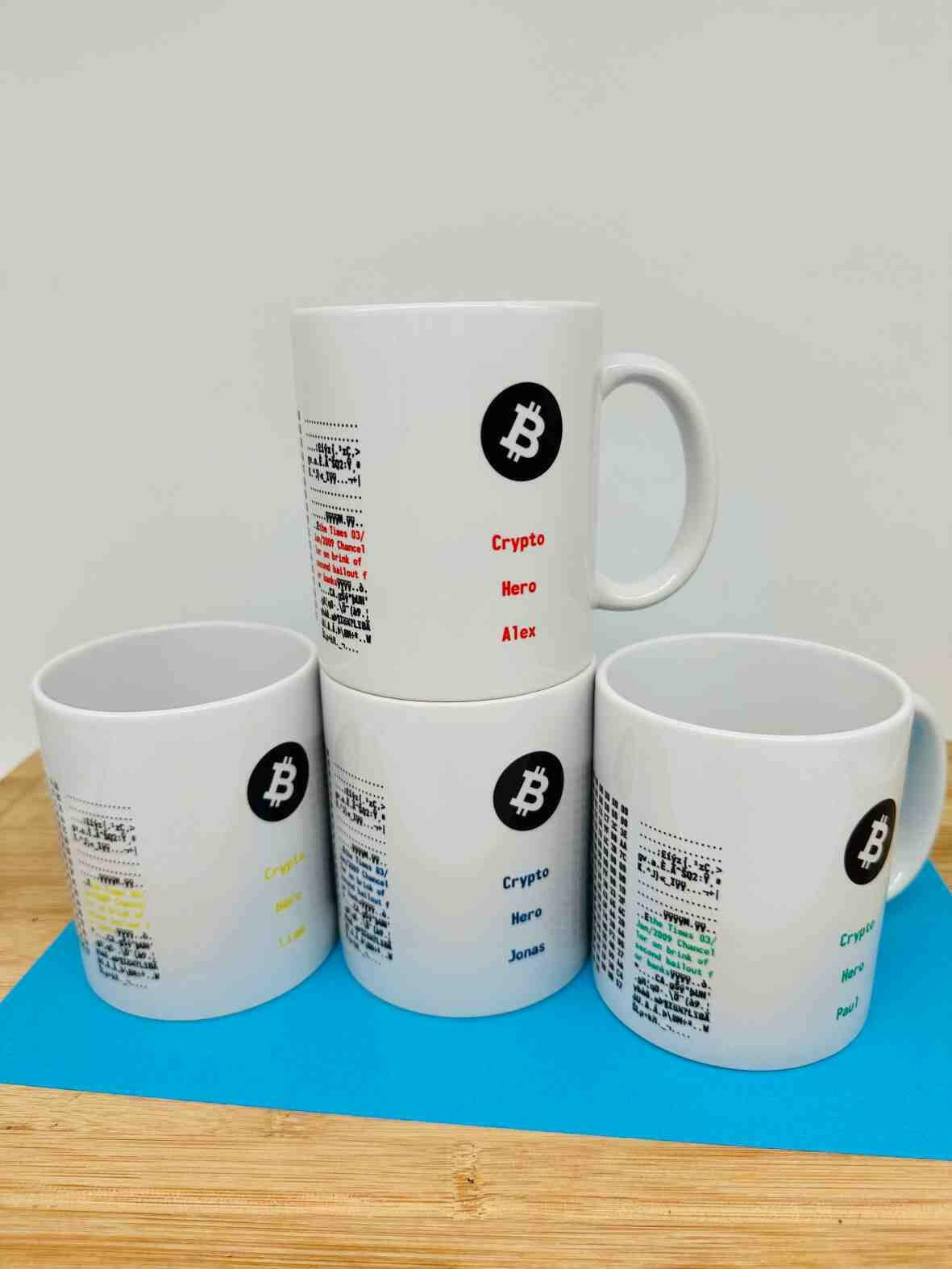 Personalisierte Tasse Bitcoin Genesis Block - verschiedene Farben.