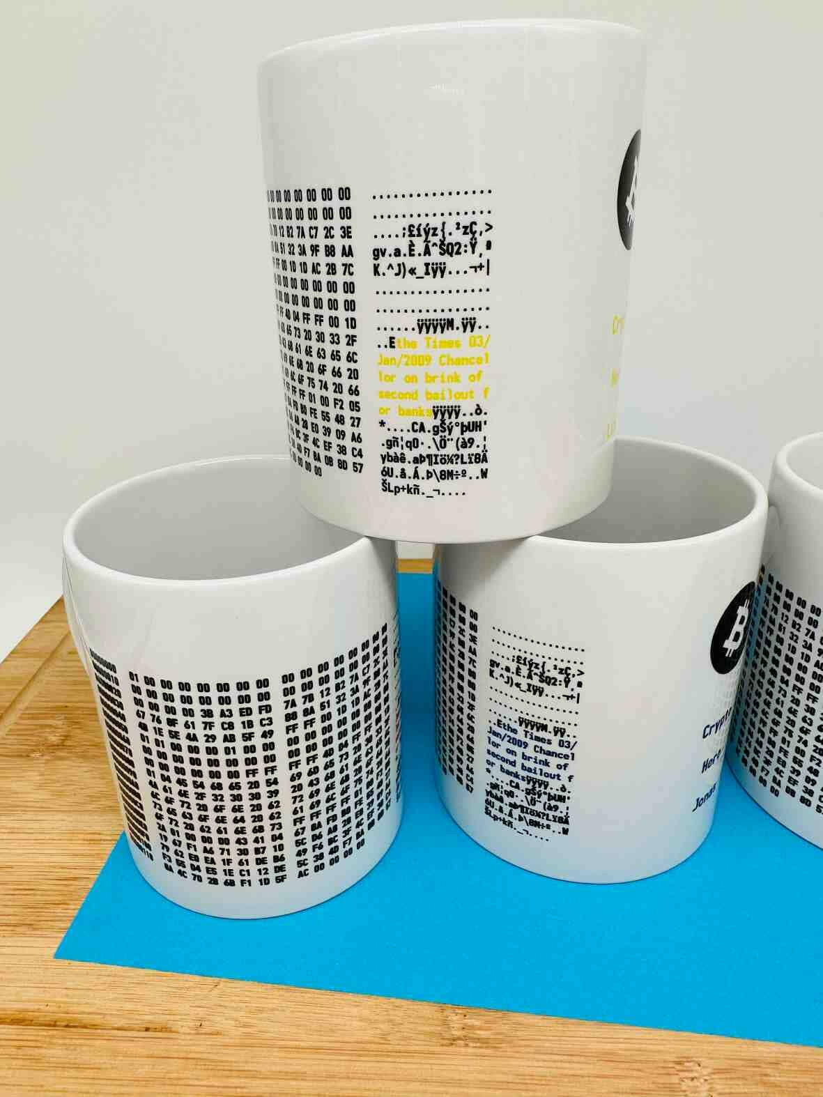 Personalisierte Tasse Bitcoin Genesis Block - verschiedene Farben.