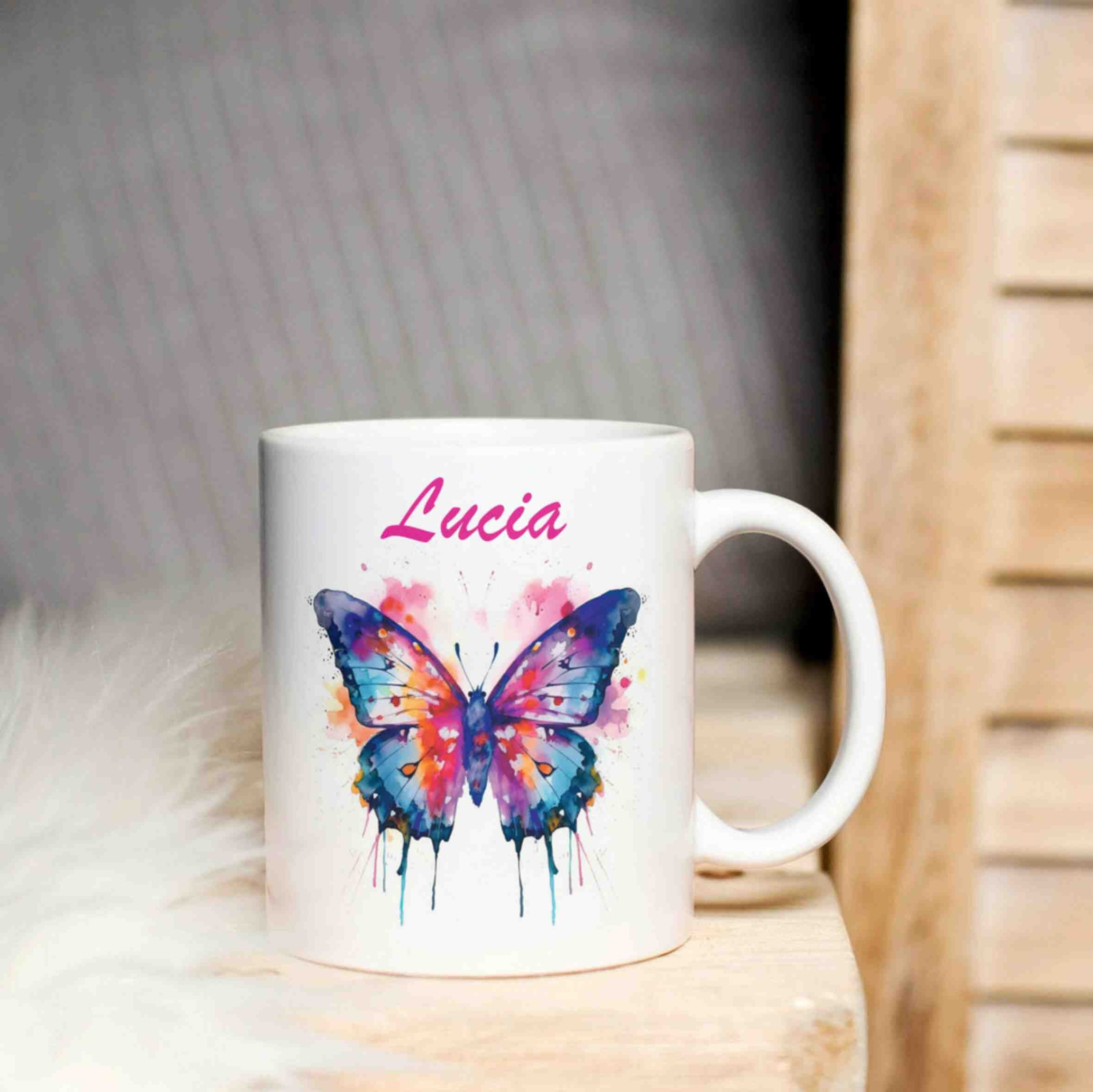 personalisierte Tasse bunter Schmetterling Rhein-Druck
